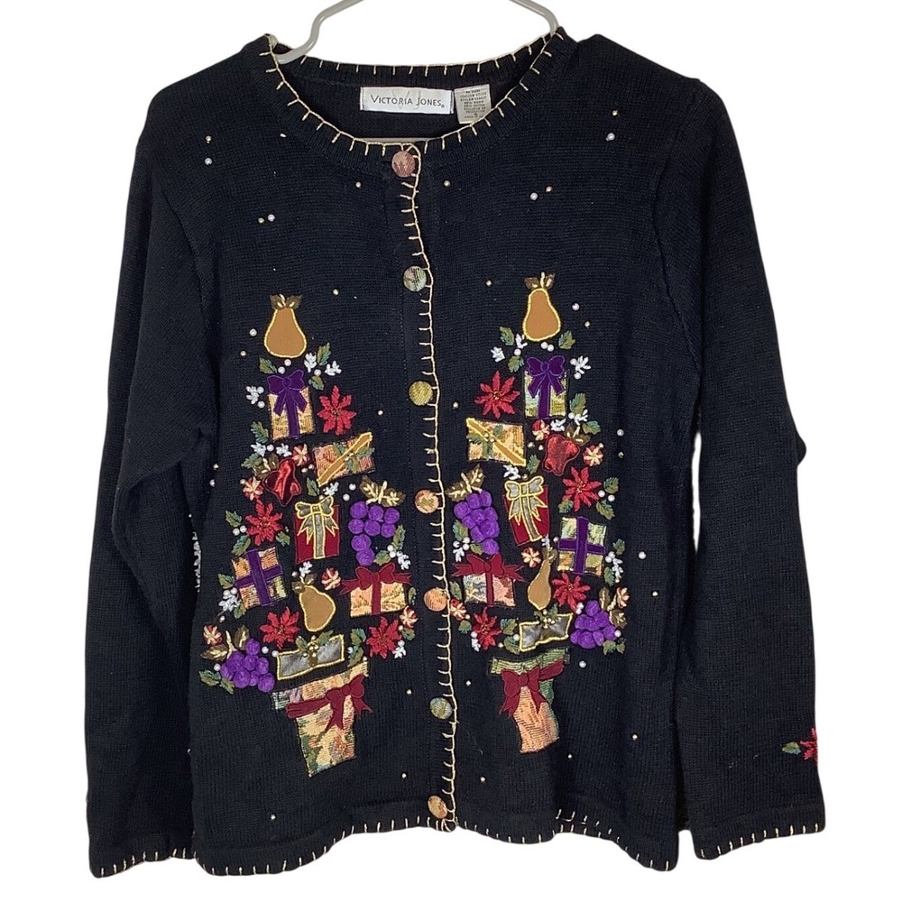Victoria Jones Womens Black Beaded Embroidered Christmas Holiday Cardigan Small